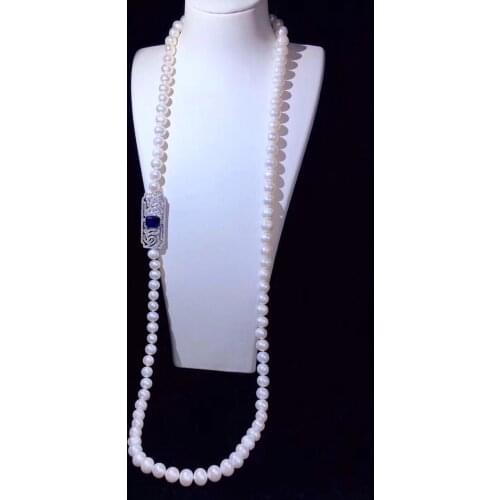 Natural Pearl 33'' 1 Strand White Pearl CZ Connector Necklace