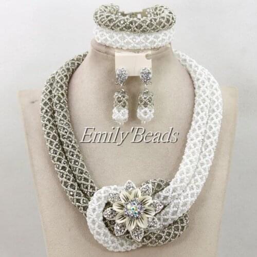 2015 New Nigerian Wedding African Beads Jewelry Set Grey Crystal Beads Jewelry Set White Bridal Necklace Jewelry Set AMJ488