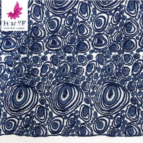 New French Navy Blue Guipure Beaded Sequins Lace with Pearls For Aso Ebi HY1362-2