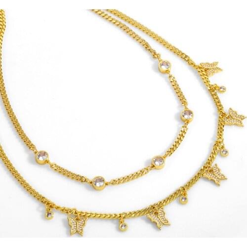 FLOLA Shiny Butterfly Pendant Necklace For Women Gold Curb Link Chain Stone Clavicle Necklace Female Choker CZ Jewelry nket30