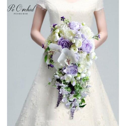 PEORCHID White&Purple Artificial Peonies Wedding Bridal Bouquet Cascade Orchid Bridesmaids Fake flowers Waterfall Bouquet