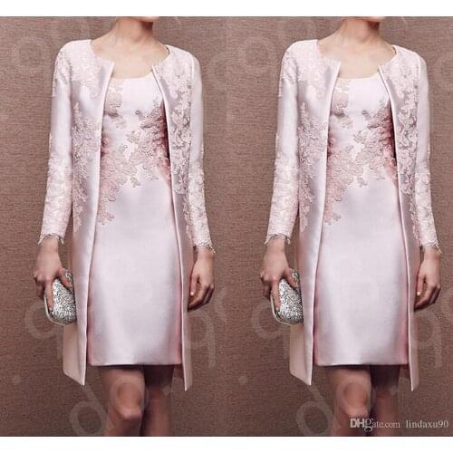 Pink Lace Mother Of The Bride Dresses 2020 Formal gown Outfit Coat Long Sleeve Jacket Above Knee Length Wedding Guest Dress