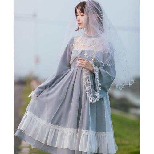 Light Blue Lolita Dress Flare Sleeve Lace Stand Collar Ruffle Princess Lolita Dresses Cosplay Loli Cos