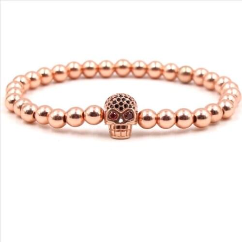 Punk Style Rose Gold Color Skeleton Head with Cubic Zirconia Stretchy Bracelet for Halloween Day Jewelry