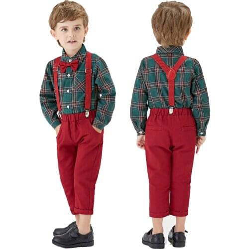 TELOTUNY Toddler Kids Baby Boy Gentleman Bow Tie Plaid T-Shirt Tops With Suspender Pants Outfits Clothing Set For 0-4Y