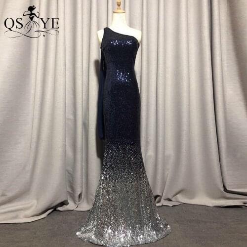 QSYYE Navy Evening Dresses New One Shoulder Glitter Mermaid Evening Gown Sexy Fading Silver Party Dress Sequin Tail Formal Dress