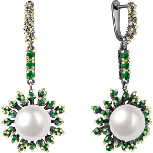 Blossoming Flower Hanging Earrings for Women Promise Wedding Green Zircon White Pearl Christmas Jewelry