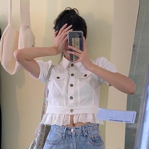 Women Blouse Lace Stitching Puff Sleeve Summer Short Jacket Top Blusas Ropa De Mujer