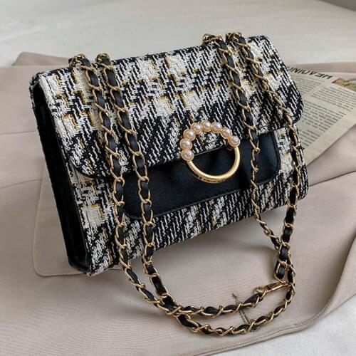 Womens Bag Plaid Print Autumn 2021 Female Literary Single-Shoulder Bag Pearl Decorate Cross-Body Bag Trend Womens Bag Bolsos