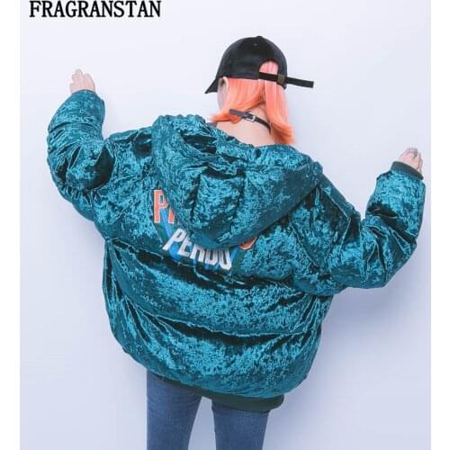Female Autumn Winter Thick Keep Warm Velour Hooded Parkas Lady Casual Fashion Letter Embroidery Patch Designs Padded Jacket Q438
