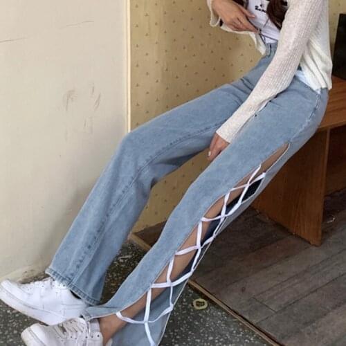 Bella 2021 Summer Design Ripped Jeans Women High Waist Thin Blue Denim Trousers Female Lace-Up Safari Style Loose Pant Korean