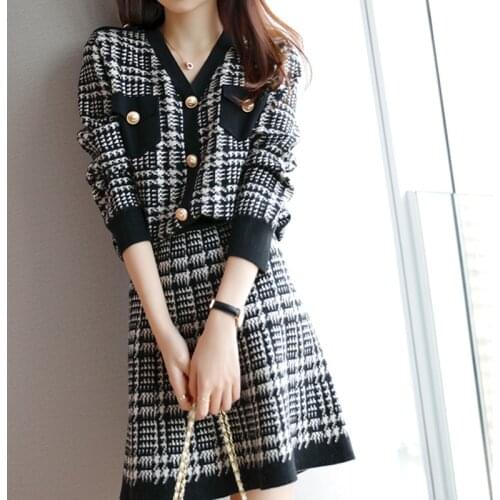 Women Fashion Knitted Sweater Skirt Two Piece Set Houndstooth Casual Single-breasted Pullover Knit Tops And A-line Skirts Sets