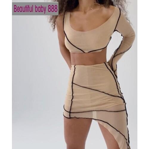 Meqeiss sexy club mesh see-through Patchwork asymmetry Bodycon 2 pieces set women long sleeve crop top and skinny mini skrit set