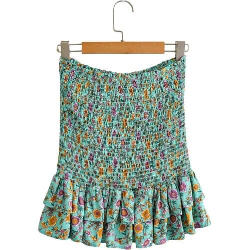 Women Fashion Floral Ruffles Pleated Mini Skirt A Fitted Dress Can Set Off Your Figure Green Pink Khaki Stitch Pleated Printed
