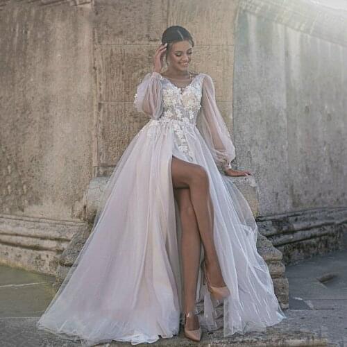 Bohemian Wedding Dresses Long Puff Sleeves 3D Flower Lace Appliques Sweetheart Neck Backless Robe De Mariee Bridal Gowns 2021