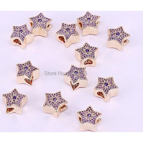 15Pcs Gold Color Micro Pave Cubic Zirconia five star big hole beads charms fit European bracelet DIY