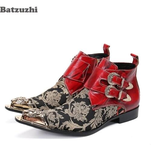 Batzuzhi Luxury Handmade Mens Boots Shoes Pointed Metal Cap Leather Ankle Boots Men Punk Party and Wedding Botas,Big Size 38-46