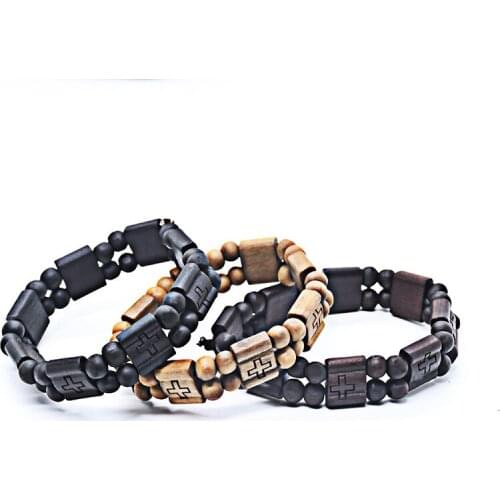 Christian Black/Dark Brown Wide Square Wooden Cross Beads Chain Bracelet Elastic Bracelets for Women Church Religious Jewelry