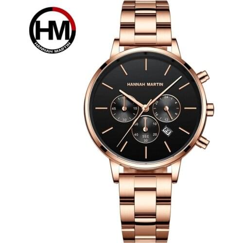 Hannah Martin Ladies Watch Japanese Movement Multi-Function Calendar Steel Band Quartz Waterproof Womens Watch Birthday Gift