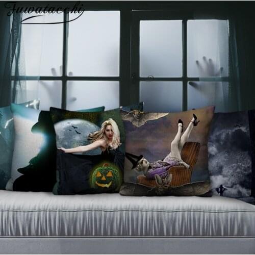 Fuwatacchi Halloween Witch Print Cushion Cover Ghost Photo Throw Pillow Cover for Home Sofa Decor Pillowcase Funda Cojin 45x45cm