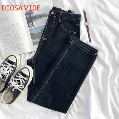 Classic retro-based high-waist curling top stitching straight-leg slim-fit all-match slim trousers jeans Casual