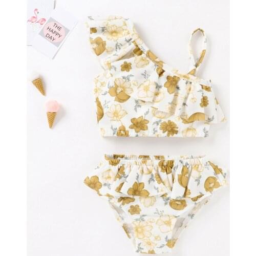 2pcs Toddler Baby Girls Swimsuits Set Children Floral Print One Shoulder Ruffle Irregular Bikini Beachwear Cute Bathing Swimwear