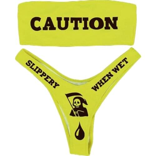 2pcs Chest-Lifting Devil Lady Yellow Swimsuit Suit Female Letters Printed Strapless Short Tank Top + Adult Bikini Panties S/M/L