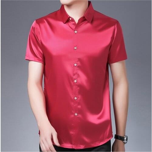 High Quality male short sleeve silk shirt 2017 summer men shirts pure color soft satin silk dress shirts