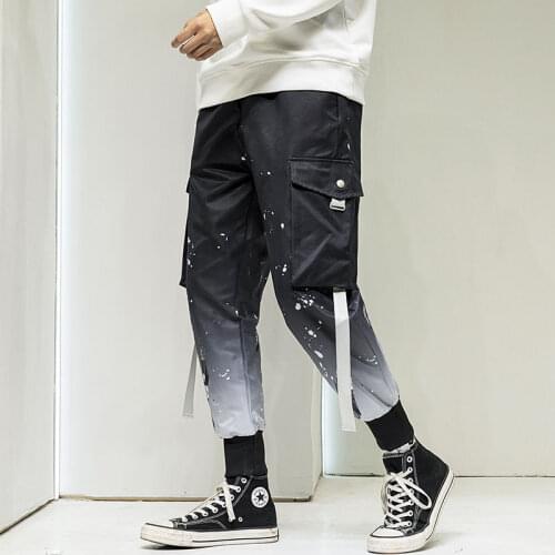 BANNAJI Mens Korean Hip Hop Drawstring Jogger Printed Ankle Cargo Streetwear Harem Sports Jogging Trousers For Male Outerwear
