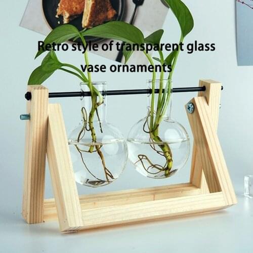 Newest Desktop Glass Bulb Vase with Metal Swivel Holder and Retro Solid Wooden Stand for Hydroponics Plants Home Office Decor