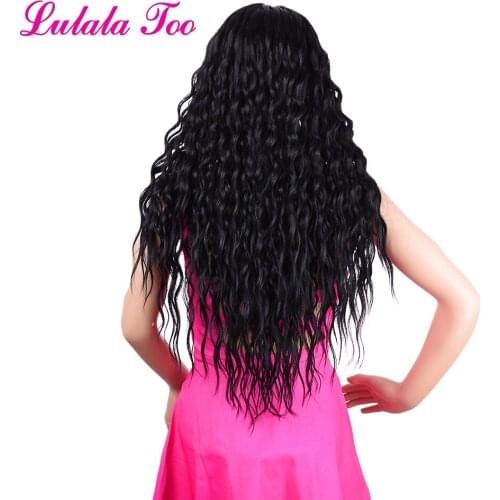 30inch Long Wavy Curly Natural Black Synthetic Lace Front Wig For Women Loose Deep Wave L Part Heat Resistant Fashion Wig