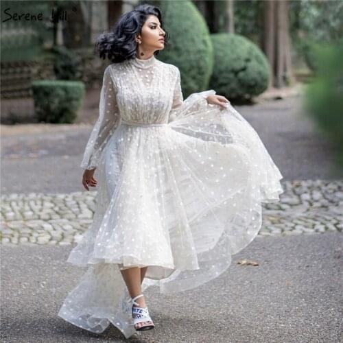 White Front Short Rear Length Tulle Prom Dresses 2020 Long Sleeves Sexy Prom Gowns Design Serene Hill BLA70176