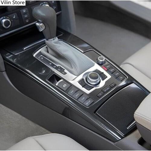 Carbon Fiber Style Center Console Gear Shift Water Cup Holder Cover Trim For Audi A6 C6 2005-2011 Stainless Steel Car Styling