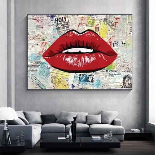 Graffiti Sexy Red Lips Woman Canvas Painting Old Newspaper Posters Prints Wall Art Picture for Girls Bedroom Home Decor Cuadros