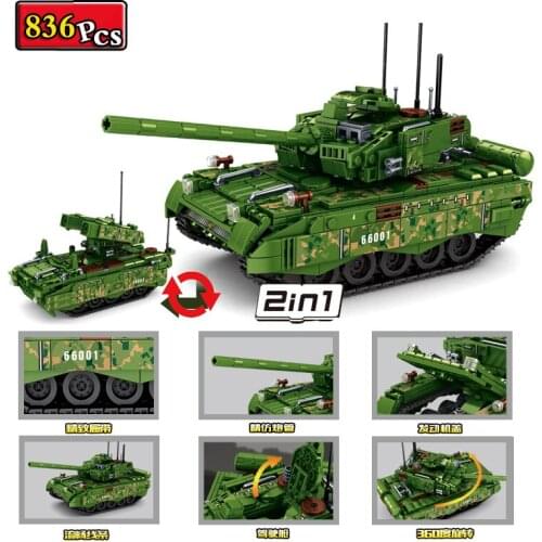 WW2 Military Series World War II 2-in-1 99A Main Battle Tank Artillery DIY Model Building Blocks Bricks Toys Gifts