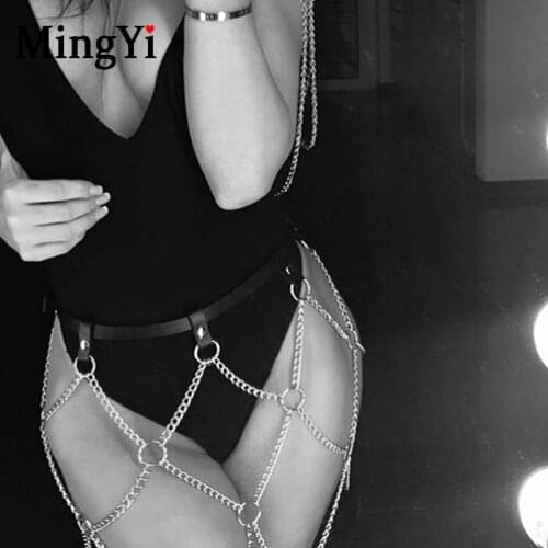 Gothic Hollow Sexy Metal O-ring Chain Waist Belt Skirt High Waist Women Leather Harness Bondage Body Chain Mini Skirt Club Wear
