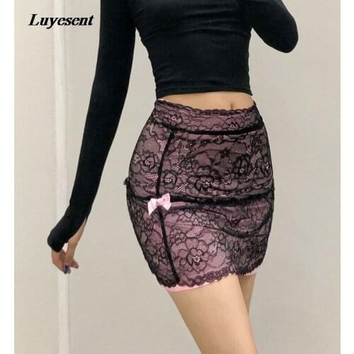 Women Sweet Gothic Mini Skirt 2021 Summer Lady Floral Lace Spliced Slim Bow Pink Blue Sexy Skirts Casual Ullzang Streetwear