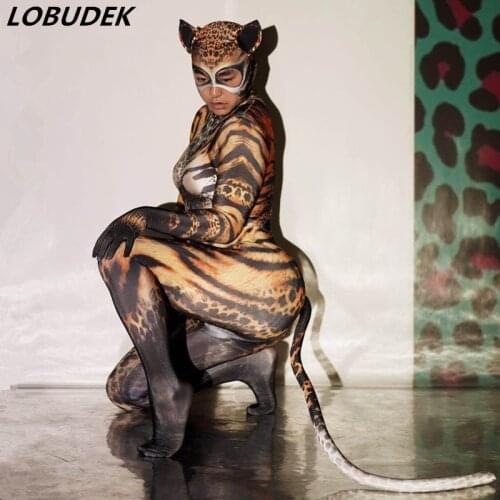 Full Cover Jumpsuit Spandex Stretch Skinny Bodysuit Women Rave Party Cat Cosplay Costume Party Show Nightclub Dancer Stage Wear