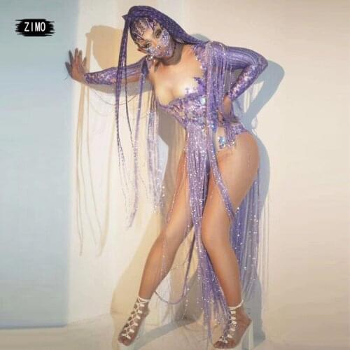 Sexy Purple Rhinestone Tassel Elastic Bodysuit Women Stage Performance Singer Dance Costume Tights Latin Dance Dress Dj Costume