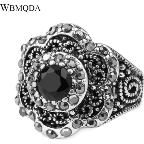Wholesale Fashion Punk Antique Silver Color Flower Rings For Women Vintage Black Crystal Love Gothic Ring Tibetan Jewelry Gifts
