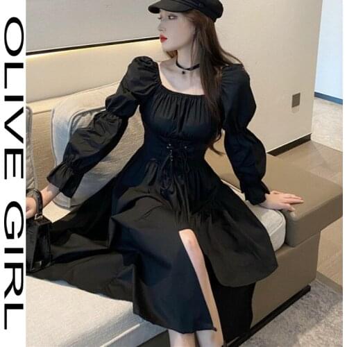 Women Black Gothic Lolita Dress Victorian Vintage Girl Puff Sleeve Square Collar Bandage Irregular Dress Sexy Ruffles Punk Dress
