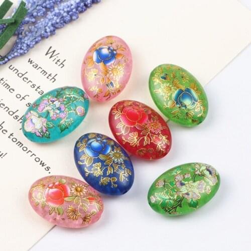 10pcs Mix Design Resin Pattern Beads 20x29mm Oval Flower Printing Beads Bracelet Bangles Charms European Diy Jewelry Making