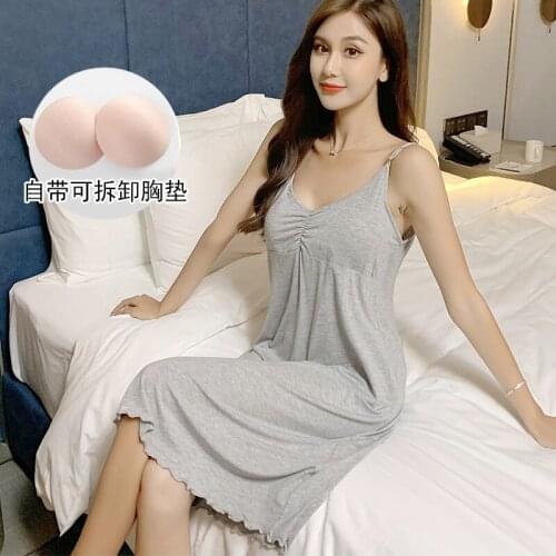 2020 Summer Sexy Lingerie Spaghetti Strap Modal Nightgown for Women Soft Loose Nightdress Sleepwear Home Dress Night Gown Nighty
