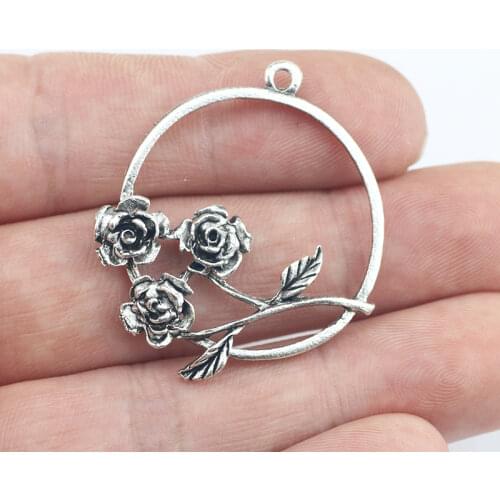 6Pcs 32*38mm Fashion Antique Silver Color Rose Charms Circle Necklace Earrings Pendant Accessory Charms For DIY Jewelry Making