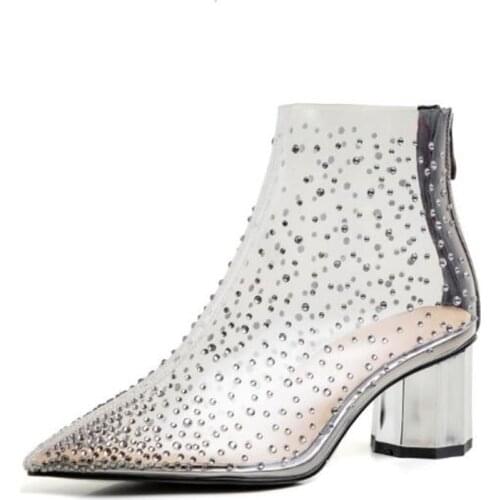 2020 Spring New Arrivals Transparent PVC Booties Studded Pointed Toe Medium Block Heel Zipper Crystal Shoes Fashion Heel 5 cm