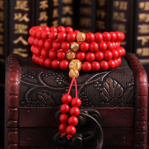 Chinese Red Cinnabar Gold Foil 108 Beads Elastic Bracelet Jade Round Jewellery Fashion Buddhist Rosary Man Woman Luck Amulet New