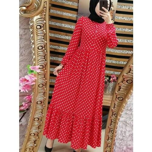 Print Dot Long Dresses Maxi Dresses Women Dubai Arab Muslim Ruffles Pleat Long Dress Islam Abaya Ramadan Islamic Clothing S-5XL