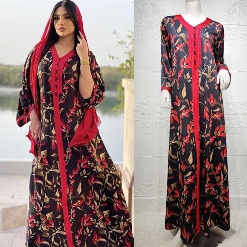 Eid Ramadan Hijab Dress for Women 2021 Black Ethnic Floral Jalabiya Dubai Oman Arabic Muslim V Neck Long Sleeve Islamic Clothing