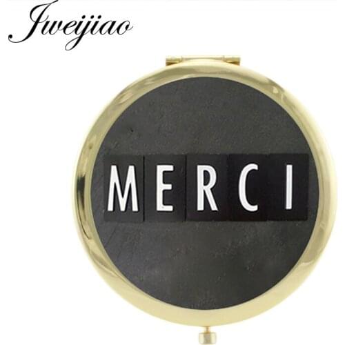 JWEIJIAO French letter word Merci Maitresse Travel Mirror DIY ART Folding Gift game pocket mirror for girls MM63