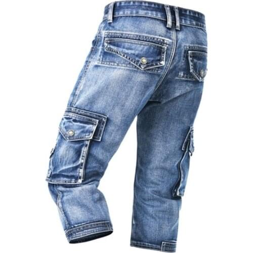 Summer Blue Thin Multi Pocket Calf-Length Slim Denim Shorts Fashion Casual Large Size Short Jeans Male Work Cargo Pants New